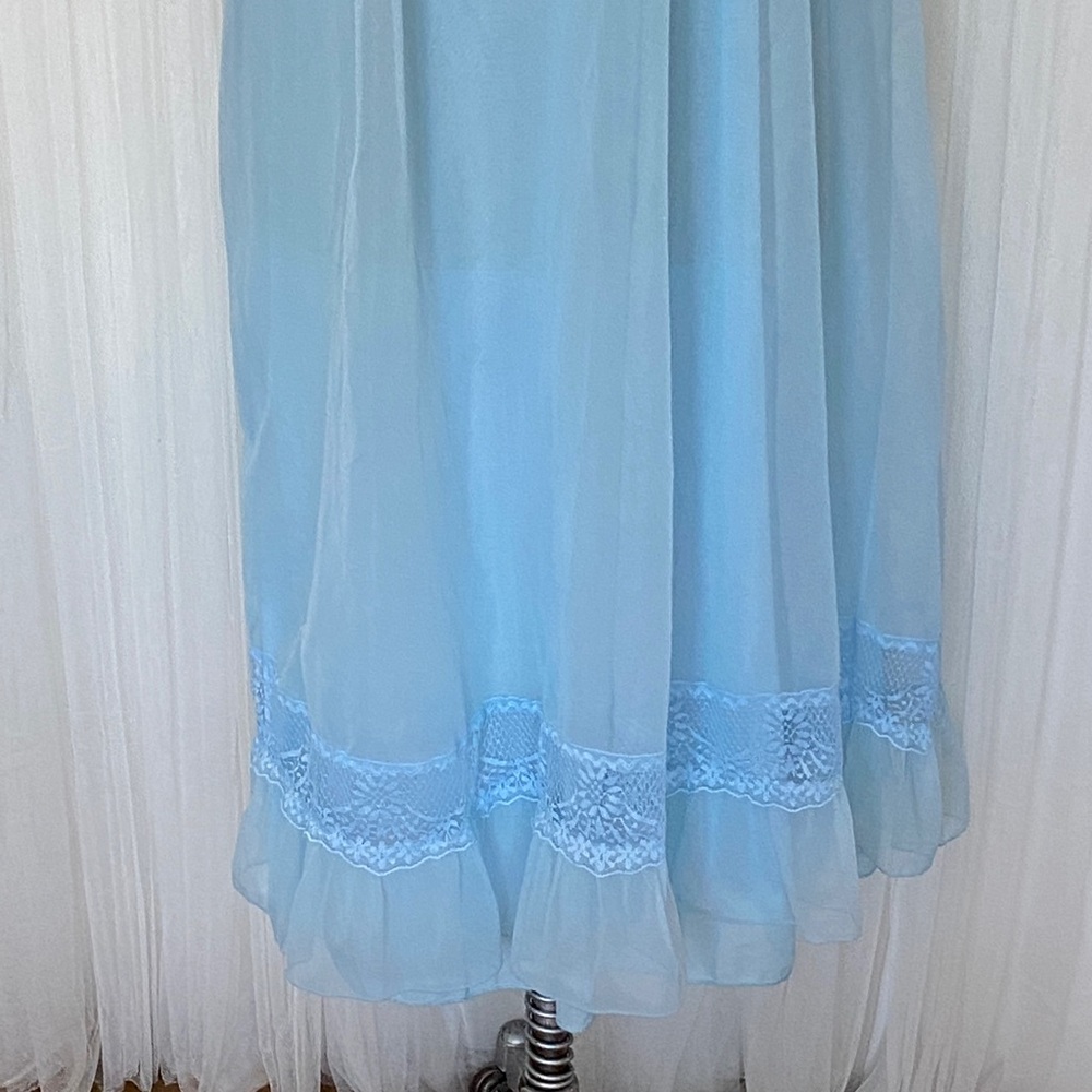 Vintage 60’s Nylon Light Blue Chiffon Maxi Nightgown Ruffle Lace Size S - Picture 6 of 11